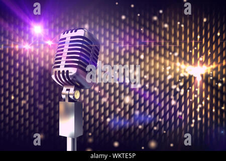 Retro chrome microphone against digitally generated cool nightlife background Stock Photo