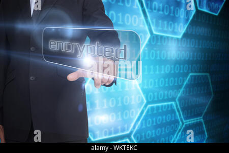 Businessman pointing to word encrypted against black background with shiny hexagons Stock Photo