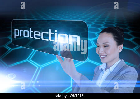 Businesswoman pointing to word protection pointing against black background with shiny hexagons Stock Photo