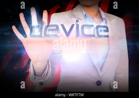Businesswoman presenting the word device against shiny red arrows on black background Stock Photo