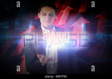 Businessman presenting the word phase against shiny red arrows on black background Stock Photo