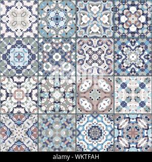 A collection of ceramic tiles in retro colors. A set of square patterns in ethnic style. Vector illustration. Stock Vector