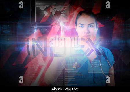 Doctor presenting the word index against shiny red arrows on black background Stock Photo