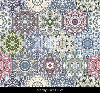 A rich set of hexagonal ceramic tiles. Colorful elements in oriental style. Vector illustration. Stock Vector