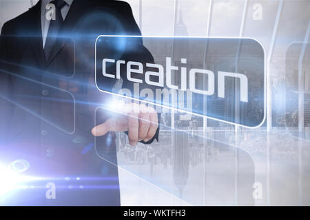 Businessman presenting the word creation against room with large window looking on city Stock Photo