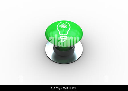 Composite image of light bulb graphic on digitally generated green push button Stock Photo