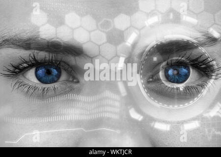 Composite image of blue eyes on grey face against interface Stock Photo