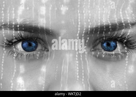 Composite image of blue eyes on grey face against interface Stock Photo