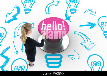 The word hello! and businesswoman pointing somewhere against pink push button Stock Photo