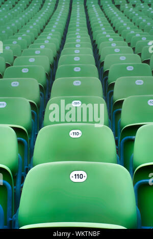 Rows of green numbered seats in the Bregenz Festival outdoor amphitheatre, Austria Stock Photo
