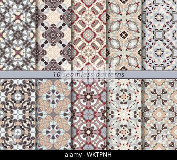 Ten seamless patterns. Symmetrical rectangular ornament in ethnic style. Arabic florid motif. Stock Vector