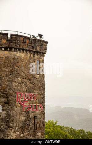 Chattanooga, TN, USA - August 26, 2019 :  Sign for Ruby Falls on castle wall on Lookout Mountain in Chattanooga, Tennessee. Stock Photo