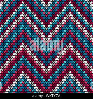 Abstract blue seamless knitting pattern with red and white lines Stock Vector