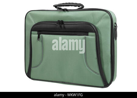Laptop bag in green color, front view, isolated on white background Stock Photo