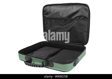 Opened green empty laptop bag isolated on white background Stock Photo
