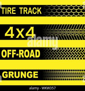 Set of four different tire track silhouettes with text isolatted on yellow background Stock Vector