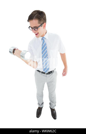 Geeky happy businessman lifting dumbbell on white background Stock Photo