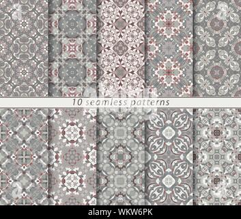 Vector set of ten seamless abstract patterns in shades of pink and gray. Decorative ornaments for textile, book covers, gift wrap. Stock Vector