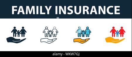 Family Insurance icon set. Four elements in diferent styles from insurance icons collection. Creative family insurance icons filled, outline, colored Stock Vector