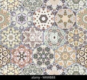 Seamless hexagonal mosaic tiles in vector set. Oriental and ethnic motifs in design patterns. Stock Vector