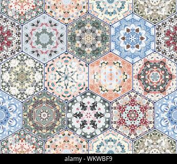 A rich set of hexagonal ceramic tiles. Colorful elements in oriental style. Vector illustration. Stock Vector