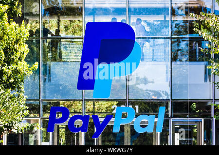 September 3, 2019 San Jose / CA / USA - Close up of PayPal logo at their headquarters in Silicon Valley; PayPal Holdings Inc. is an American company o Stock Photo