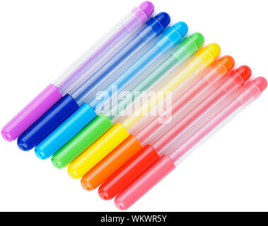 Rainbow Colored Felt Tip Pens In a Row isolated on white background. Top View Stock Photo