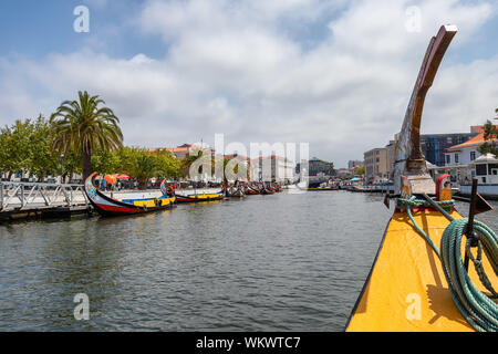 Sightseeing in a moliceiro, Traditional boat in Aveiro, sailing on the canal in Aveiro, Portugal Stock Photo