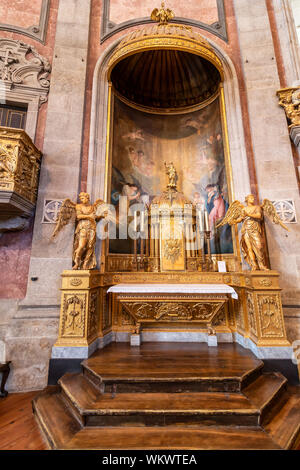 Porto, Portugal, July 19, 2019:  View Golden Tabernacle with consecrated hosts inside  of Clerigos Church (Igreja dos Clerigos in Portuguese) in Porto Stock Photo