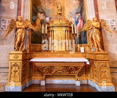 Porto, Portugal, July 19, 2019:  View Golden Tabernacle with consecrated hosts inside  of Clerigos Church (Igreja dos Clerigos in Portuguese) in Porto Stock Photo