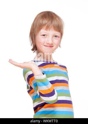 Boy Stretching out his Arm with Palm up, Looking, Smiling - Isolated on White Stock Photo