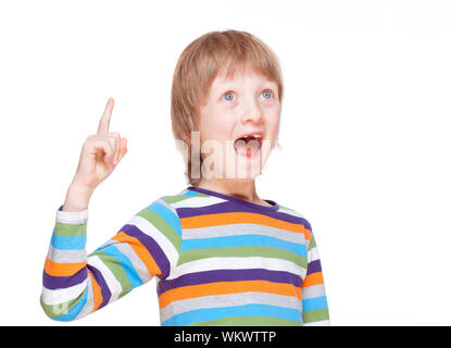 Boy Points up his Finger, Has an Idea - Isolated on White Stock Photo