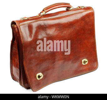 Ginger Shiny Leather Old Fashioned Briefcase with Gold Details isolated on white background Stock Photo