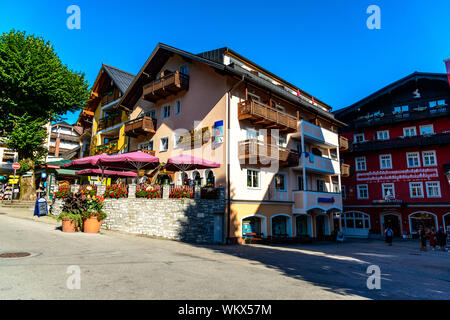 23 July 2019: Beautiful colorful house in Sanktwolfgang im Salzkammergut on lake Wolfgangsee. Austria, Salzburg Stock Photo