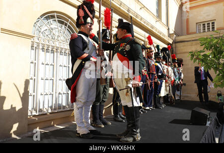 Ajaccio city, Corsica island, France-August 14, 2019 : The reenactors dressed as Napoleon epoch soldiers for celebration the Napoleon birthday who was Stock Photo