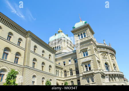 Bern, Switzerland - August 14 2019: The Parliament Building in the Swiss capital. Seat of the Swiss Parliament. The Swiss federal government headquarters. The National Council and Council of States. Stock Photo