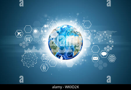 Earth with graphs, hexagons, icons and network. Elements of this image are furnished by NASA Stock Photo