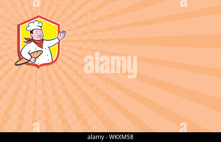 Business card showing illustration of a chef cook baker holding baguette bread set inside shield crest on isolated background done in cartoon style Stock Photo