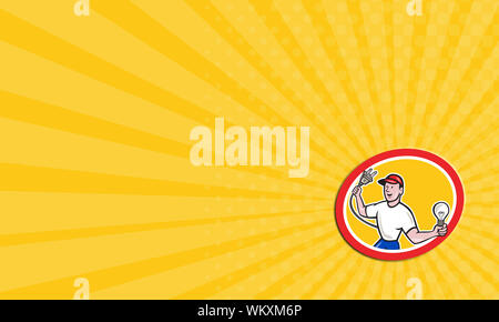 Business card showing illustration of an electrician worker holding an electric plug on one hand and a light bulb in the other facing front set inside Stock Photo
