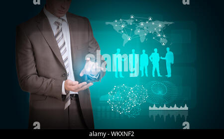 Businessman in suit hold empty copy space. Businessman silhouettes with world map and network Stock Photo