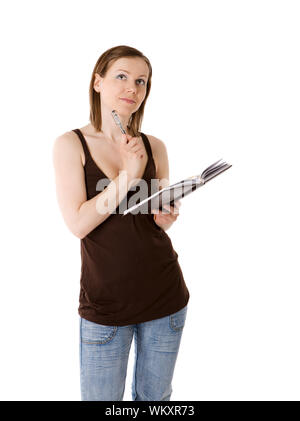 Young woman going write in day planner isolated on white Stock Photo