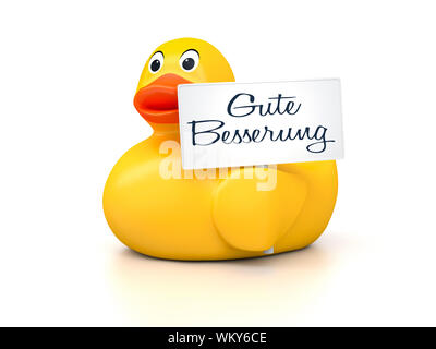 An image of a nice rubber duck with text get well soon in german language Stock Photo