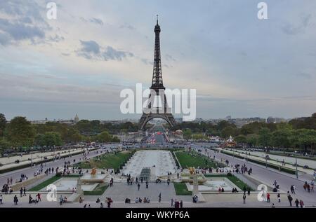 PARIS, FRANCE -6 OCT 2018- Built for the 1889 World Fair, the iron Tour Eiffel tower is the most famous landmark in Paris. Stock Photo