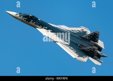 The Sukhoi Su-57 stealth fighter jet of the Russian Air Force at the MAKS 2019 airshow. Stock Photo