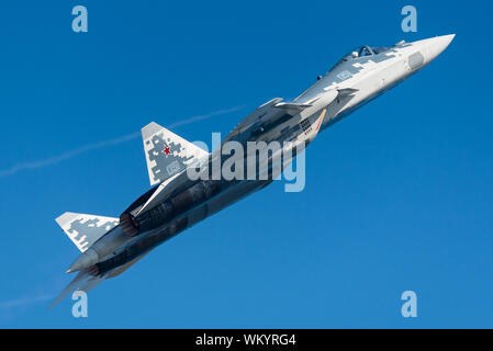 The Sukhoi Su-57 stealth fighter jet of the Russian Air Force at the MAKS 2019 airshow. Stock Photo