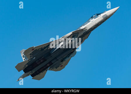 The Sukhoi Su-57 stealth fighter jet of the Russian Air Force at the MAKS 2019 airshow. Stock Photo