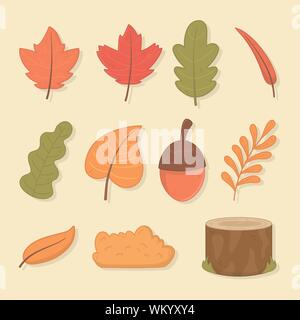 hello autumn season leafs and set icons vector illustration design Stock Vector