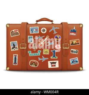 Vector 3d Realistic Retro Leather Brown Threadbare Suitcase With Travel Stickers, Metal Corners and Belts Icon Closeup Isolated on White Background. V Stock Vector