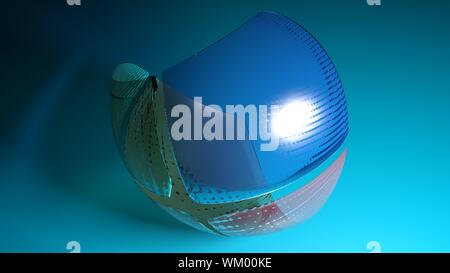 Abstract spherical multicolored glass object flying over a blue surface - 3D rendering illustration Stock Photo
