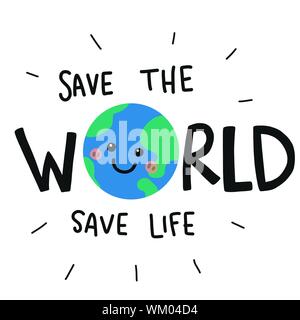 Save the world save life smile face earth cartoon vector doodle style Stock Vector